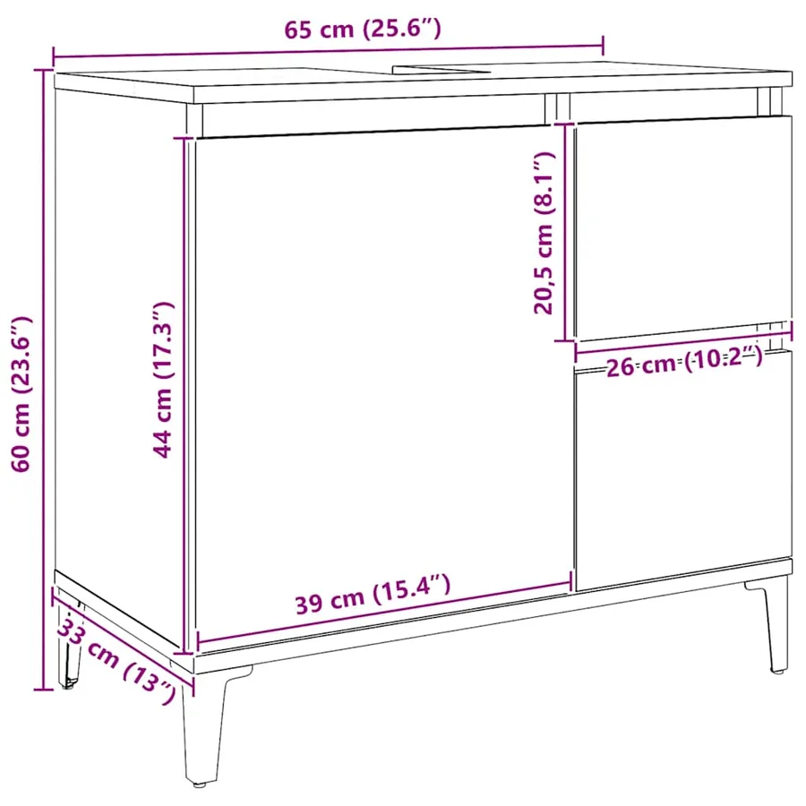 Armoire lavabo chêne artisanal 65x33x60 cm bois d'ingénierie - 11
