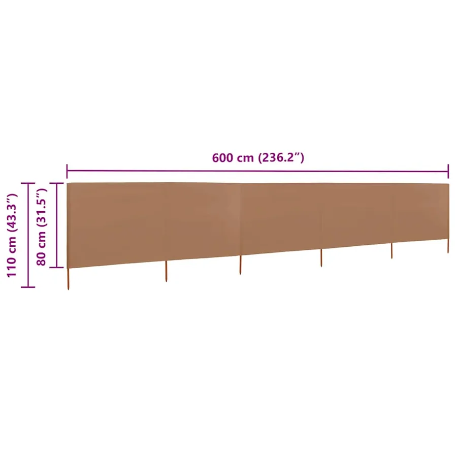 Paravent 5 panneaux Tissu 600 x 80 cm Taupe - 6