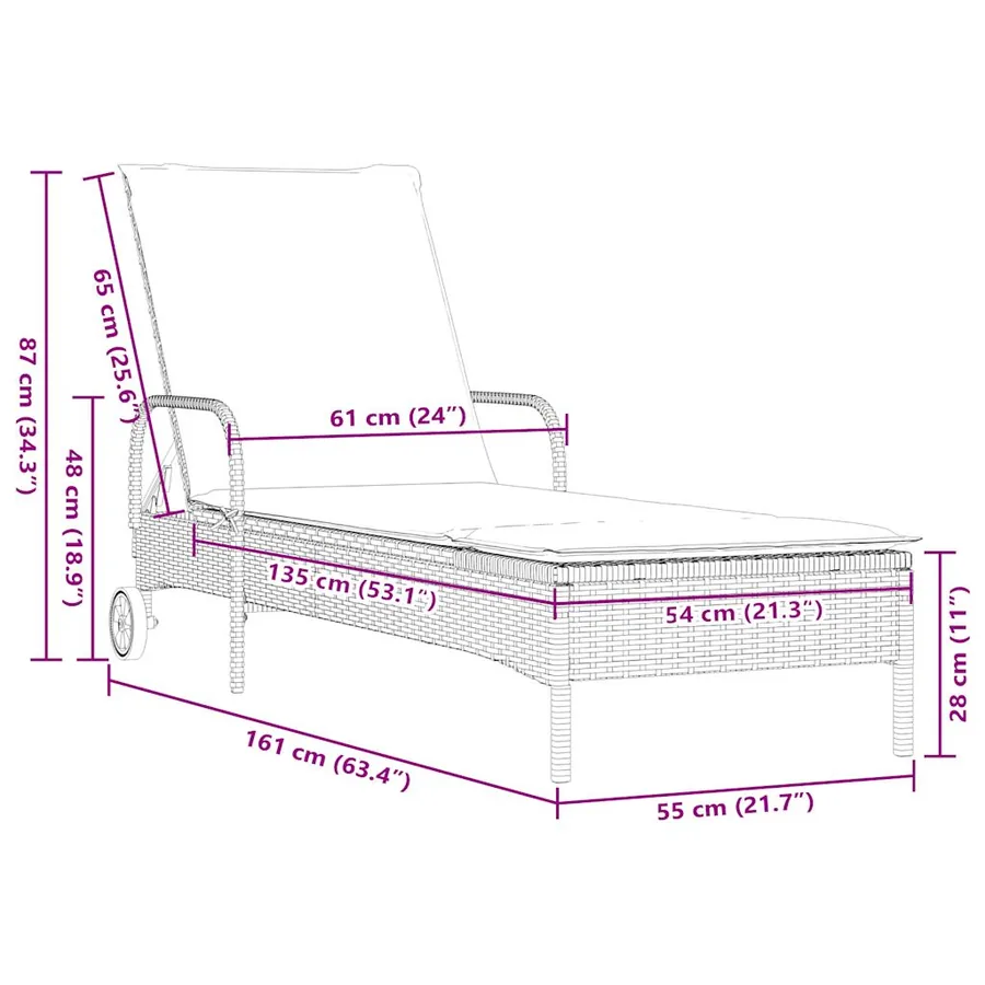 Chaise longue à roulettes avec coussin en rotin synthétique marron - 10