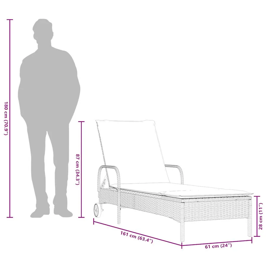 Chaise longue à roulettes avec coussin en rotin synthétique marron - 11