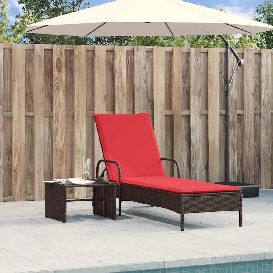 Chaise longue à roulettes avec coussin en rotin synthétique marron - 3