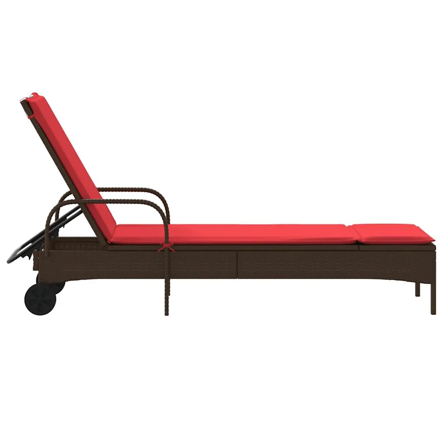 Chaise longue à roulettes avec coussin en rotin synthétique marron - 5