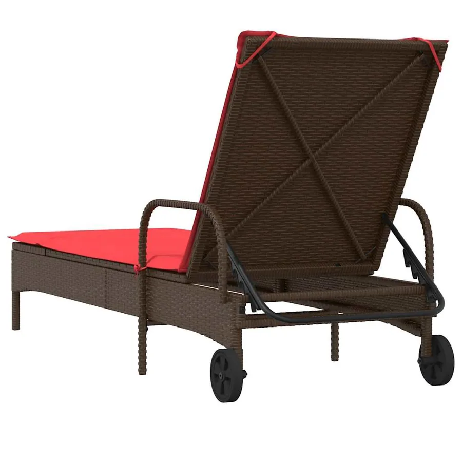Chaise longue à roulettes avec coussin en rotin synthétique marron - 6