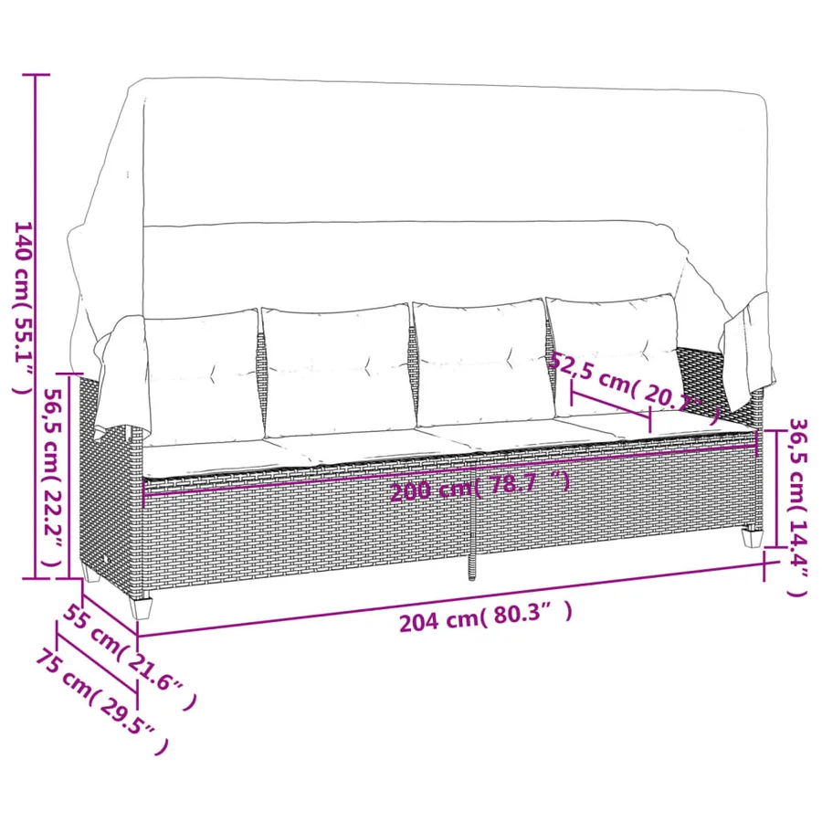 Chaise longue avec auvent et coussins gris résine tressée - 11