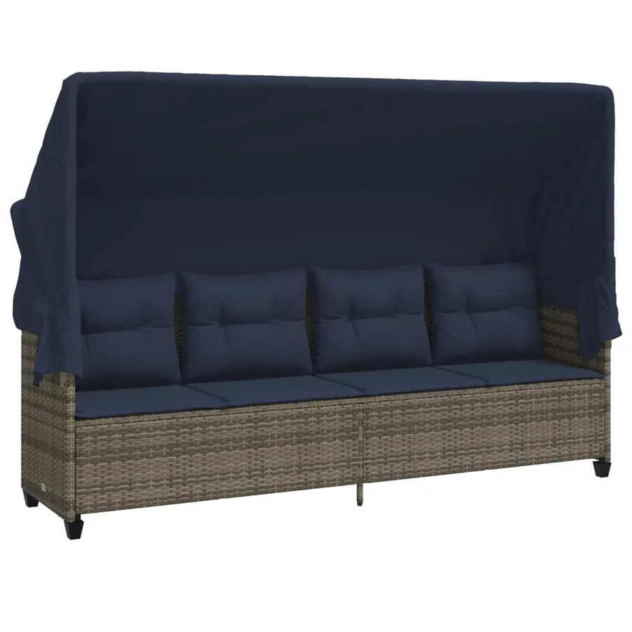 Chaise longue avec auvent et coussins gris résine tressée - 2