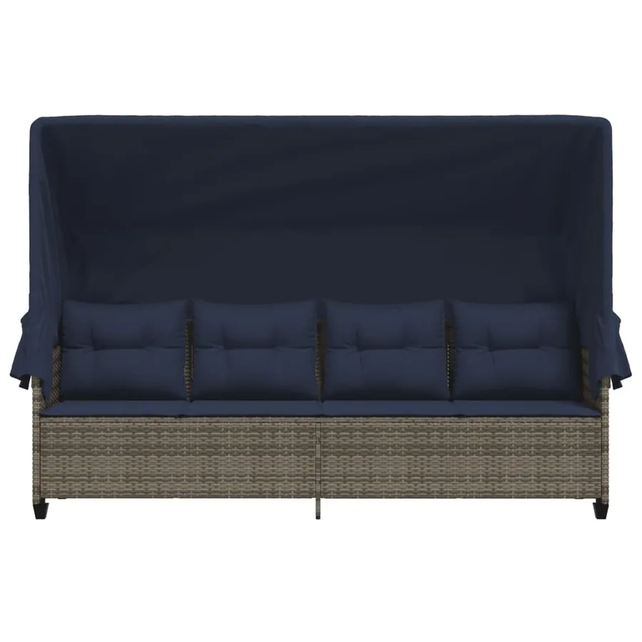 Chaise longue avec auvent et coussins gris résine tressée - 5