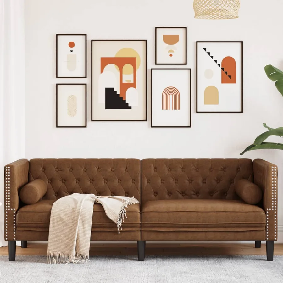 Canapé Chesterfield avec traversins 3 places similicuir daim