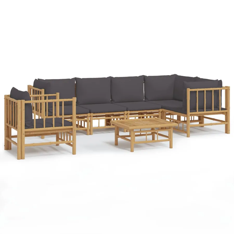 Salon de jardin 7 pcs avec coussins gris foncé bambou - 2