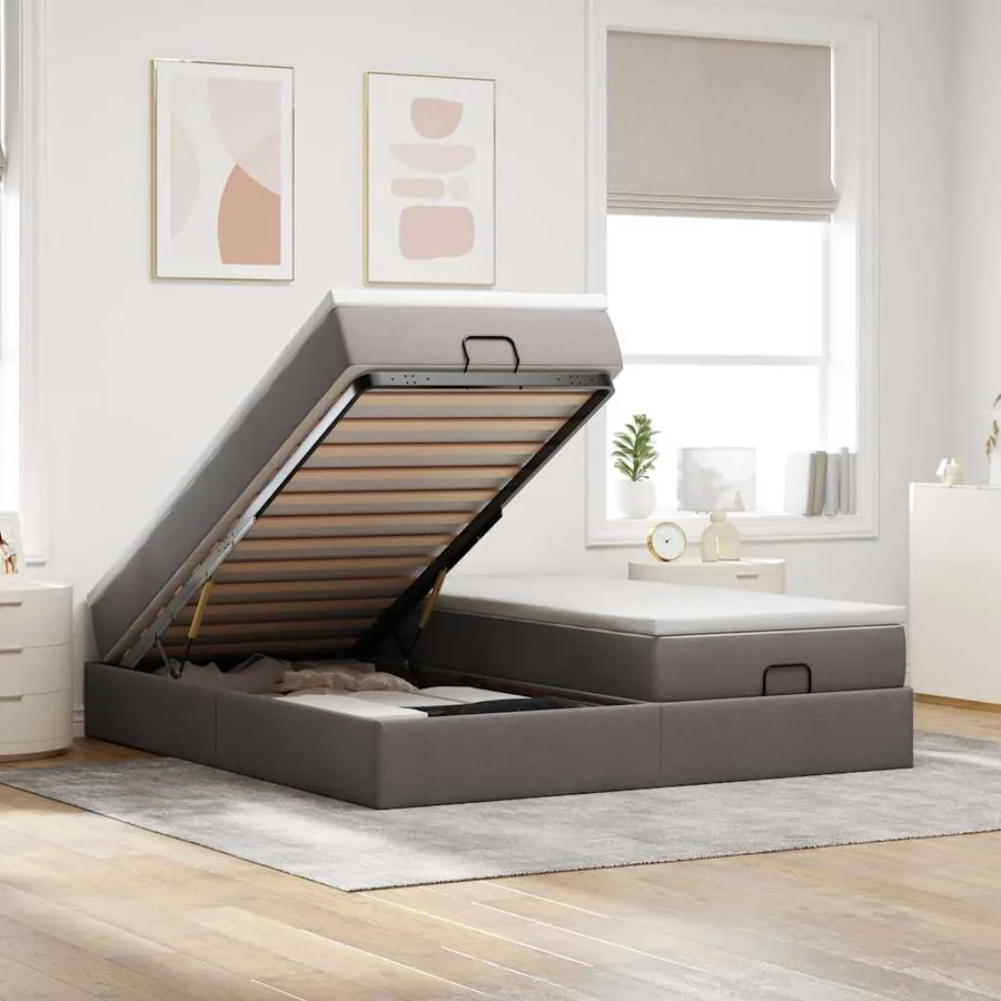 Cadre de lit ottoman avec matelas taupe 180x200 cm tissu