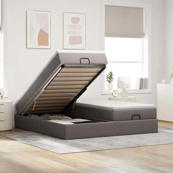 Cadre de lit ottoman avec matelas taupe 180x200 cm tissu