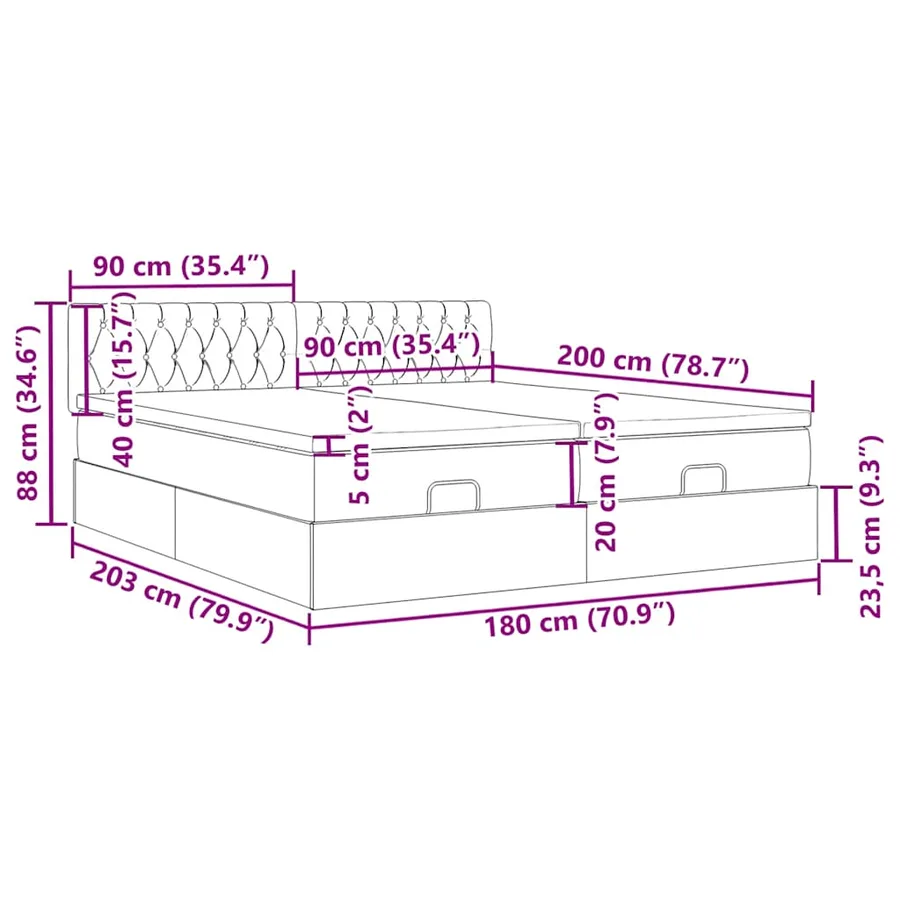 Cadre de lit ottoman avec matelas noir 180x200cm tissu - 18