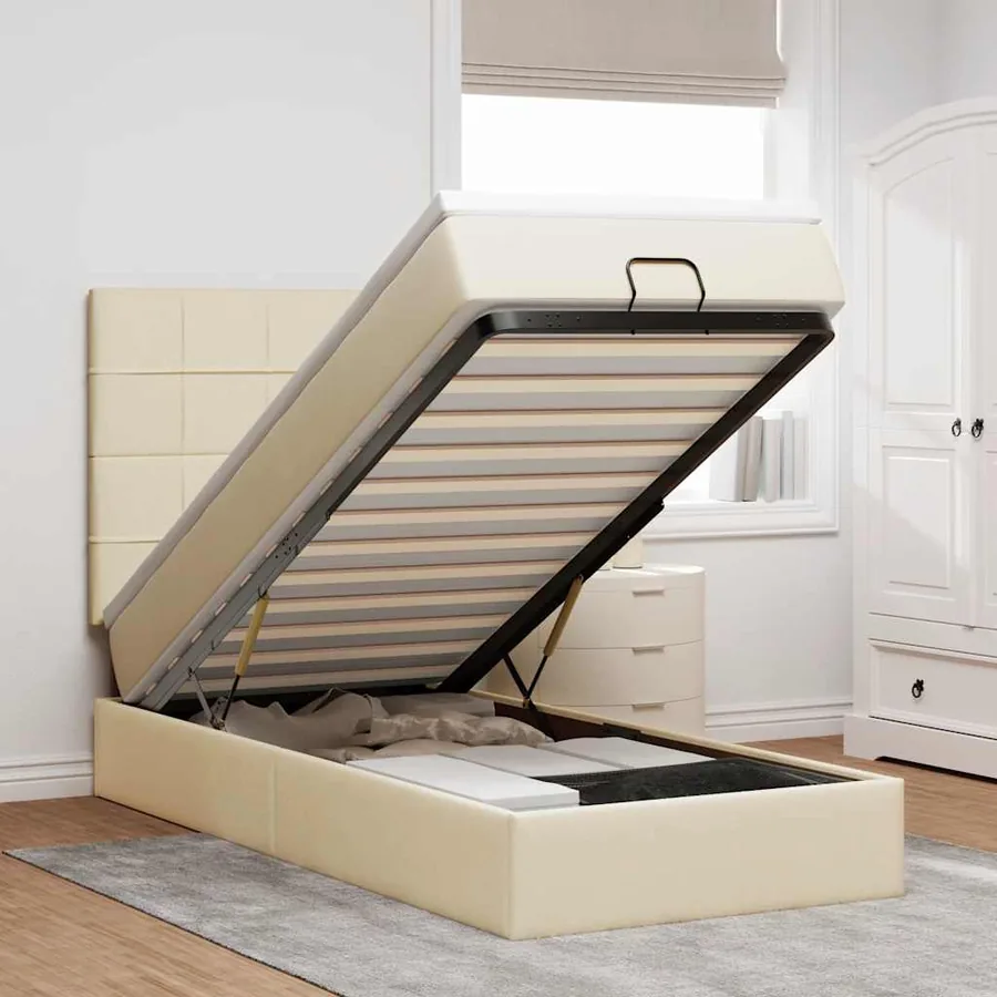 Lit ottoman avec matelas crème 90x200 cm tissu