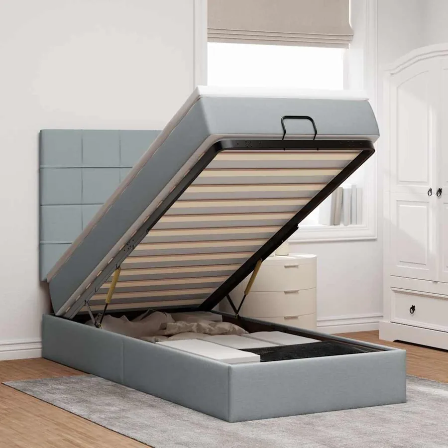 Lit ottoman avec matelas gris clair 100x200 cm tissu