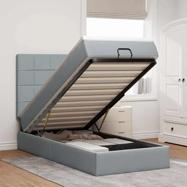 Lit ottoman avec matelas gris clair 100x200 cm tissu