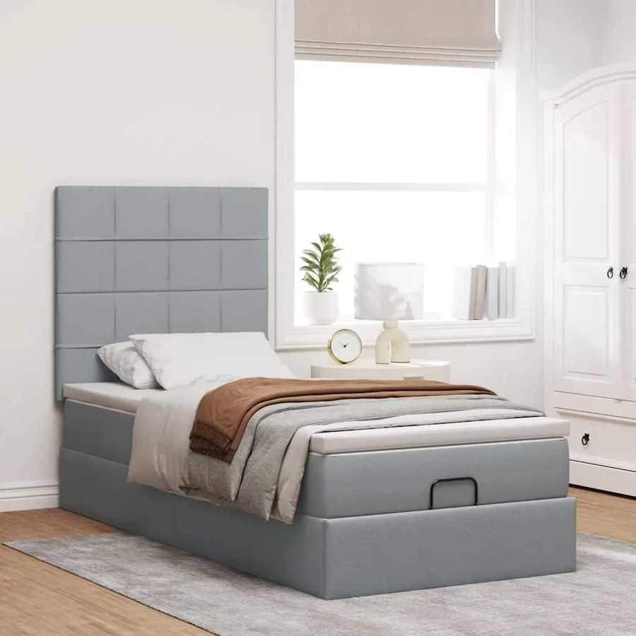 Lit ottoman avec matelas gris clair 100x200 cm tissu - 3