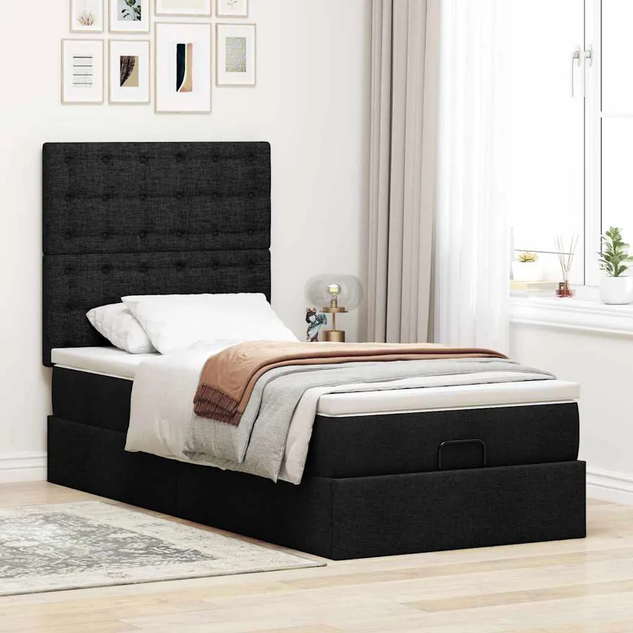 Lit ottoman avec matelas noir 90x200 cm tissu - 3