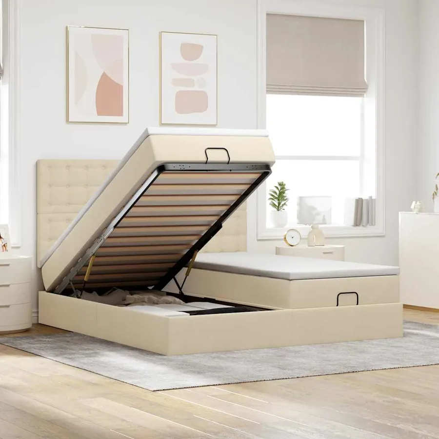 Cadre de lit ottoman avec matelas crème 180x200 cm tissu
