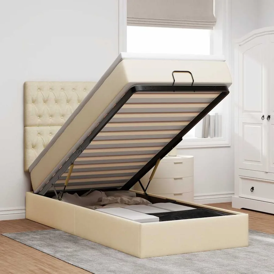 Lit ottoman avec matelas crème 90x200 cm tissu