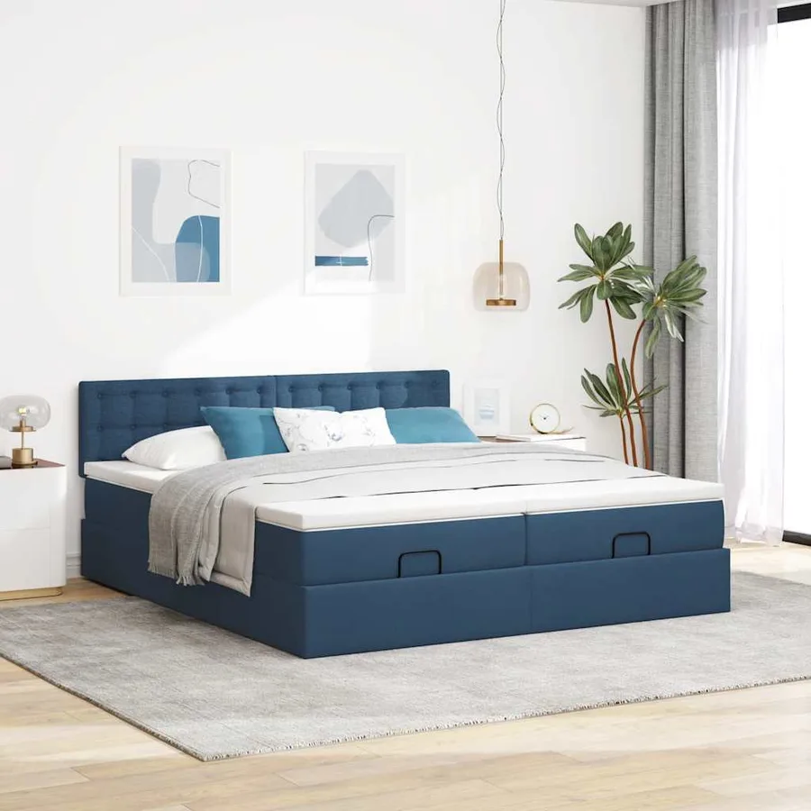 Cadre de lit ottoman avec matelas bleu 180x200 cm tissu - 4