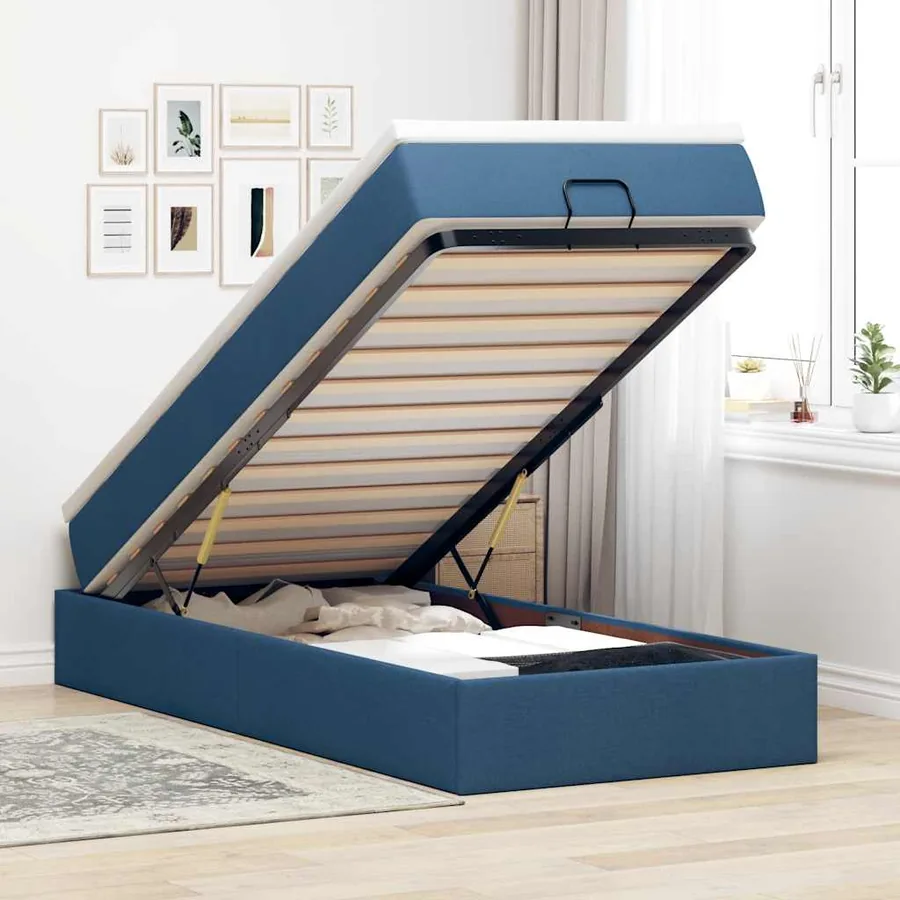 Cadre de lit ottoman avec matelas bleu 90x200 cm tissu