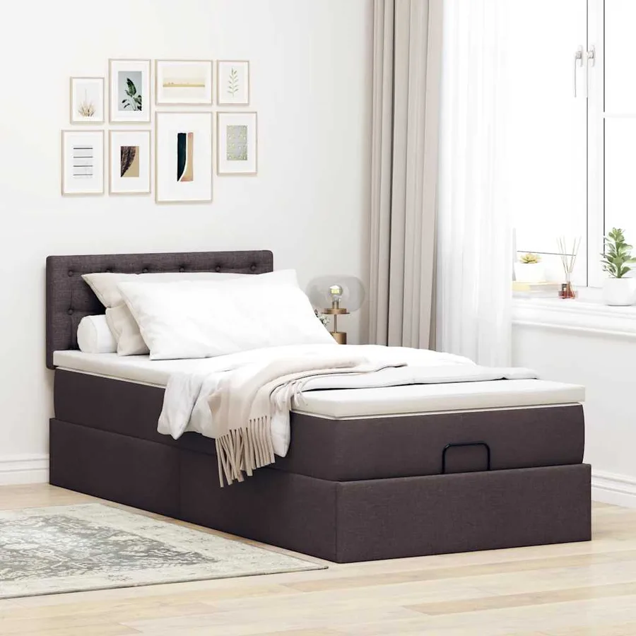 Lit ottoman avec matelas marron foncé 90x200 cm tissu - 3