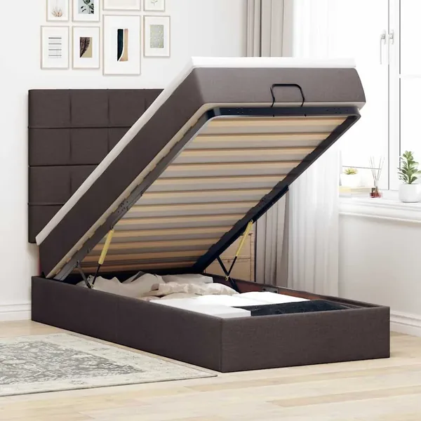 Lit ottoman avec matelas et LED marron foncé 90x200 cm tissu