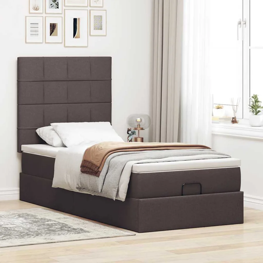 Lit ottoman avec matelas et LED marron foncé 90x200 cm tissu - 4