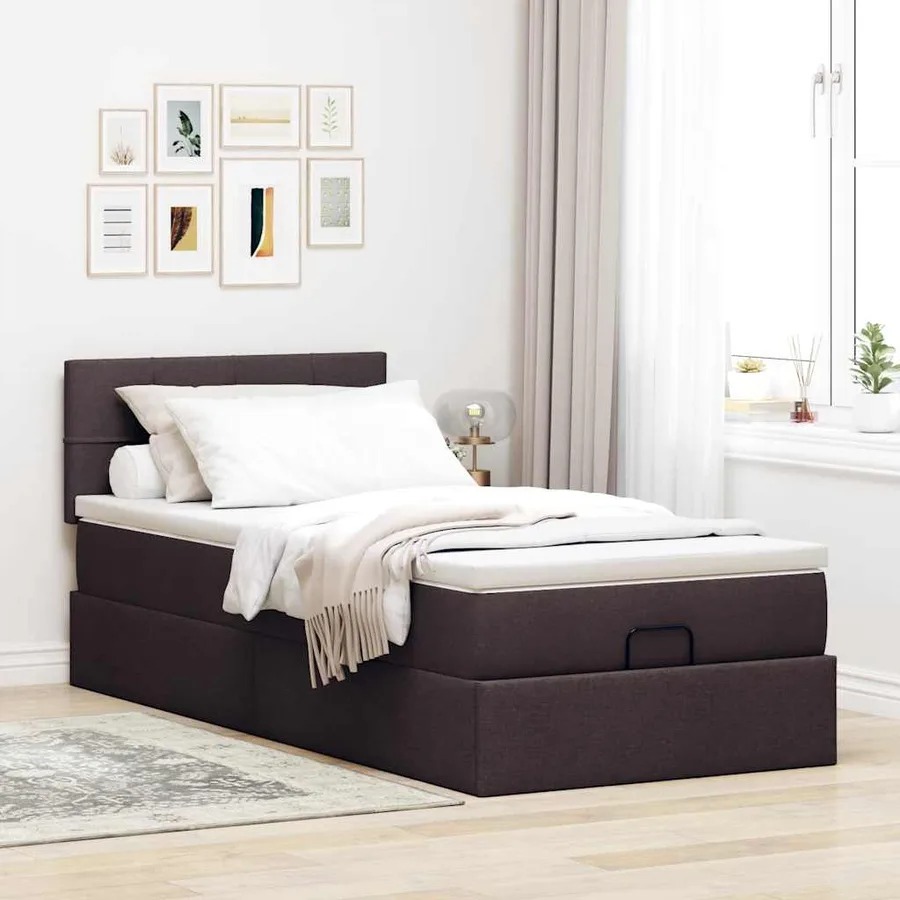 Lit ottoman avec matelas marron foncé 90x200 cm tissu - 3