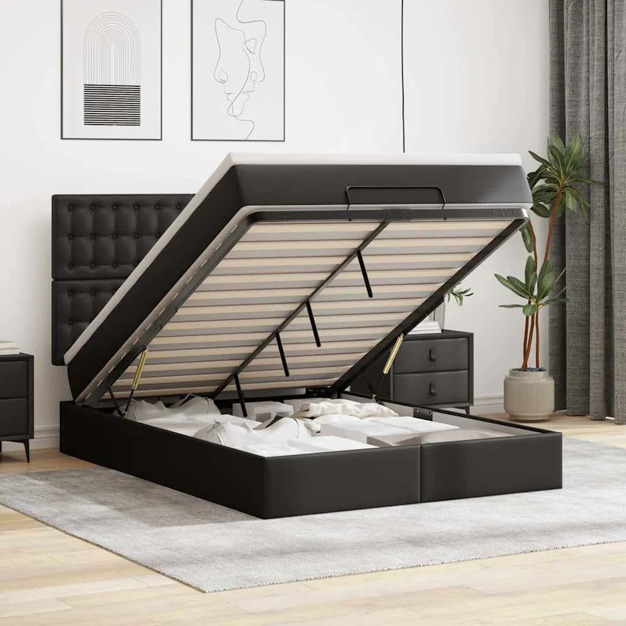 Cadre de lit ottoman avec matelas noir 140x200 cm similicuir