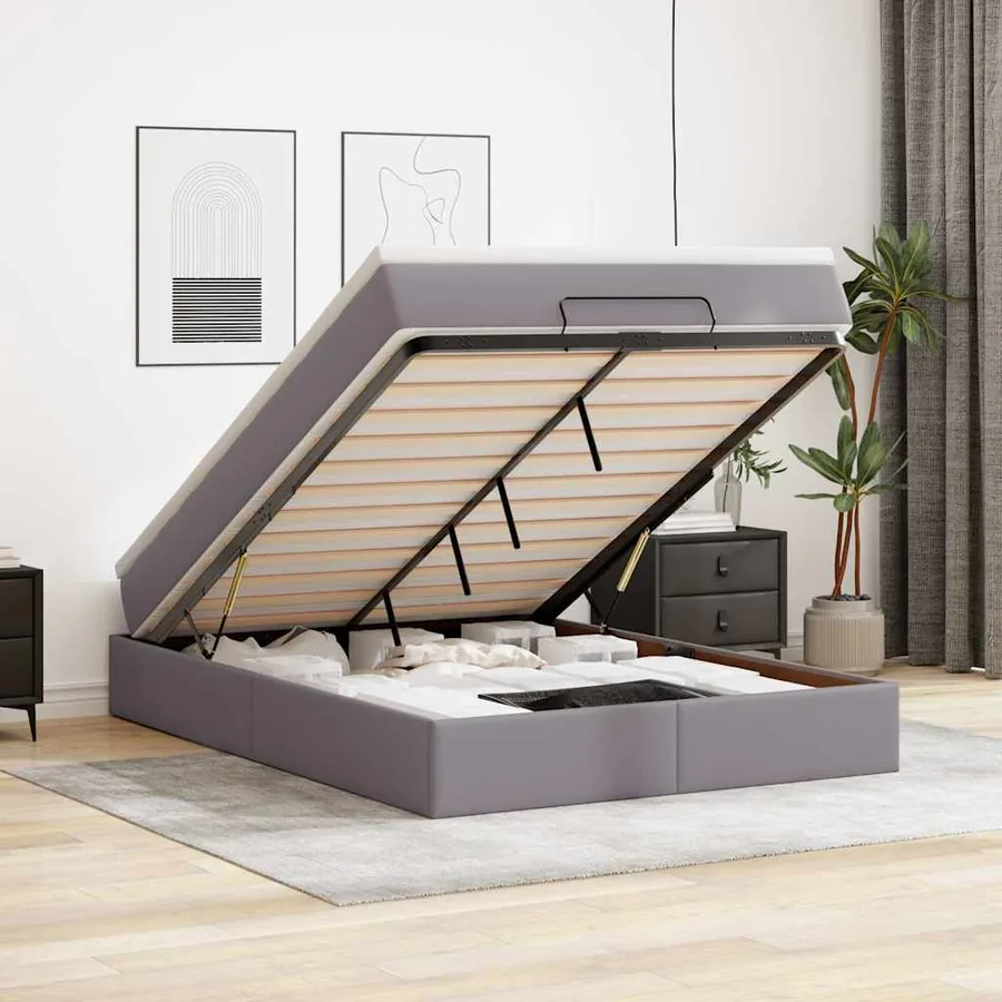 Cadre de lit ottoman avec matelas gris 140x200 cm similicuir