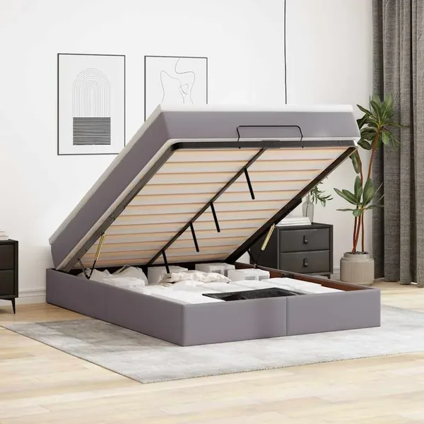 Cadre de lit ottoman avec matelas gris 140x200 cm similicuir