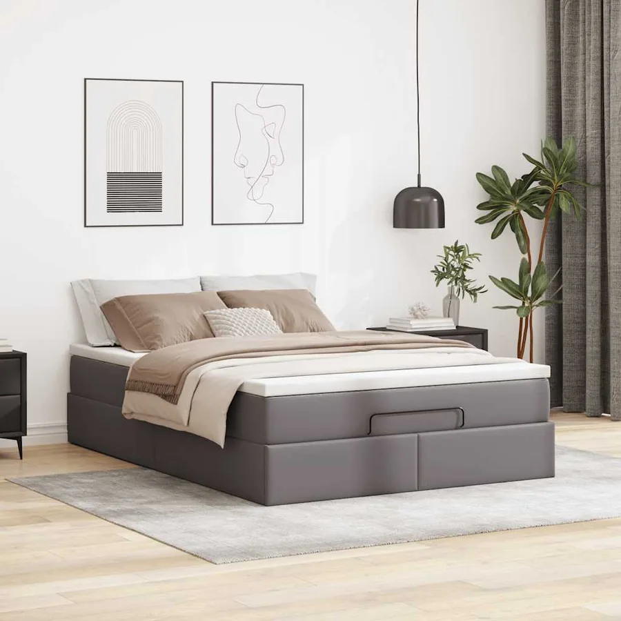 Cadre de lit ottoman avec matelas gris 140x200 cm similicuir - 3