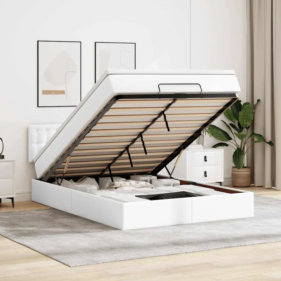 Cadre de lit ottoman avec matelas blanc 140x200 cm similicuir