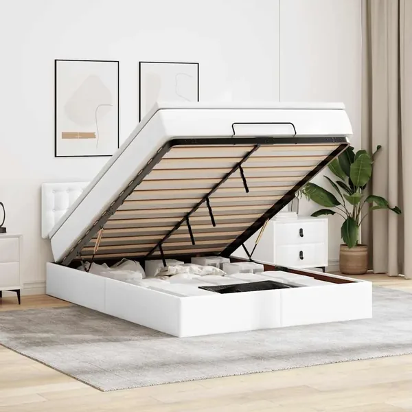Cadre de lit ottoman avec matelas blanc 140x200 cm similicuir