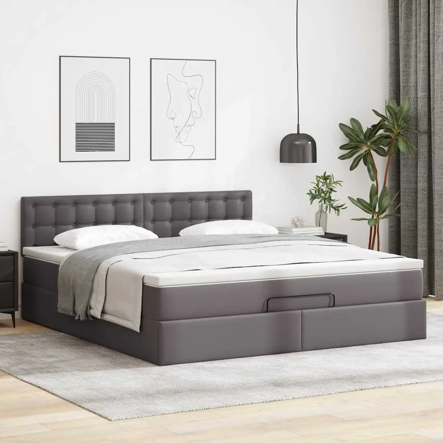 Cadre de lit ottoman avec matelas gris 160x200 cm similicuir - 3