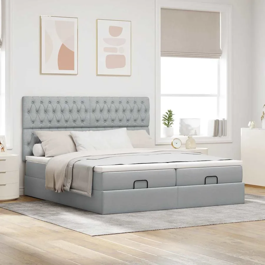 Cadre de lit ottoman et matelas gris clair 180x200cm tissu - 3