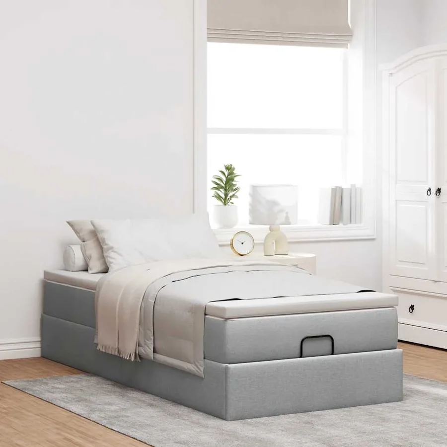 Cadre de lit ottoman et matelas gris clair 90x200 cm tissu - 3