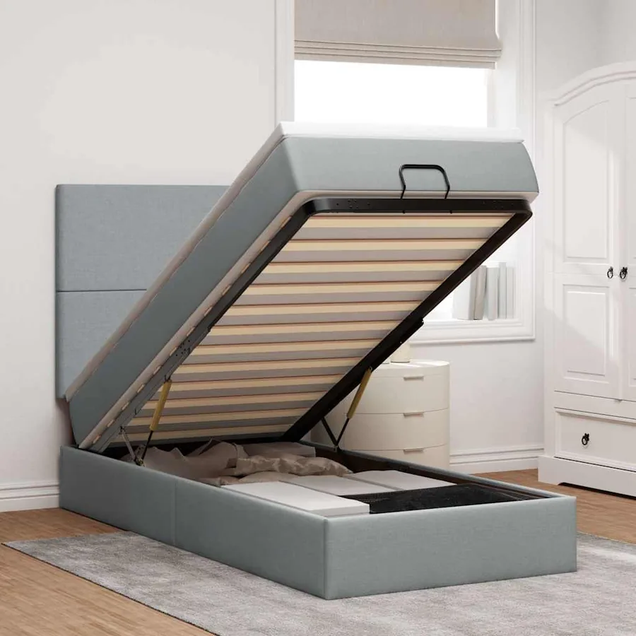 Lit ottoman avec matelas gris clair 90x200 cm tissu