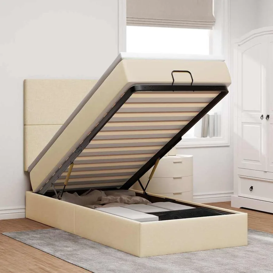 Lit ottoman avec matelas et LED crème 90x200 cm tissu