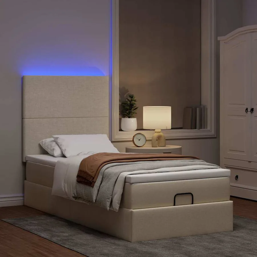 Lit ottoman avec matelas et LED crème 90x200 cm tissu - 3