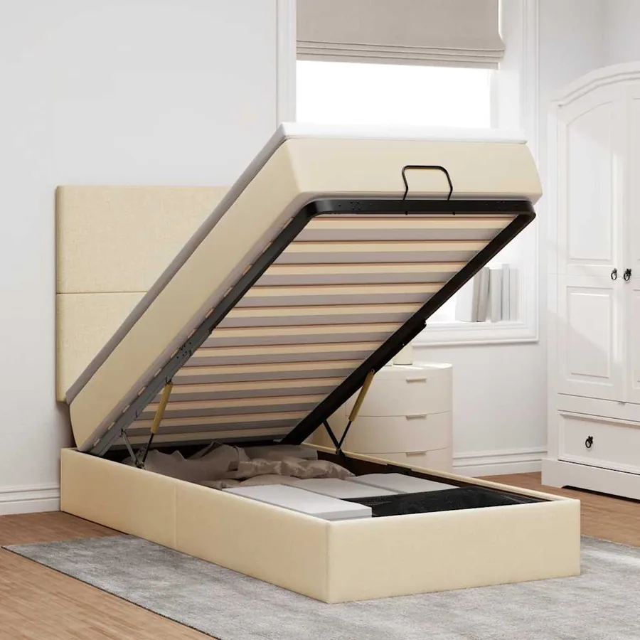 Lit ottoman avec matelas crème 90x200 cm tissu