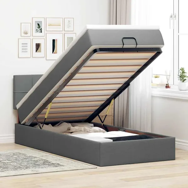 Lit ottoman avec matelas et LED gris foncé 90x200 cm tissu