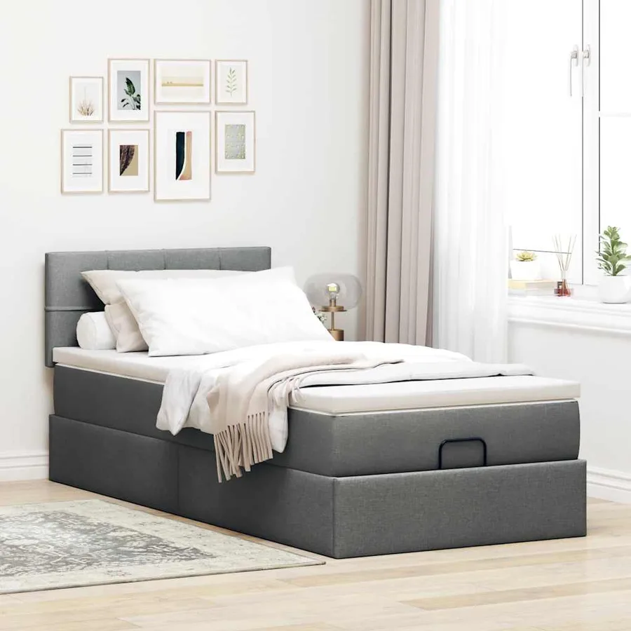 Lit ottoman avec matelas et LED gris foncé 90x200 cm tissu - 4