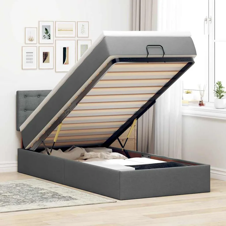 Lit ottoman avec matelas gris foncé 90x200 cm tissu