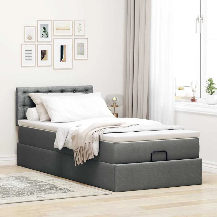 Lit ottoman avec matelas gris foncé 90x200 cm tissu - 3