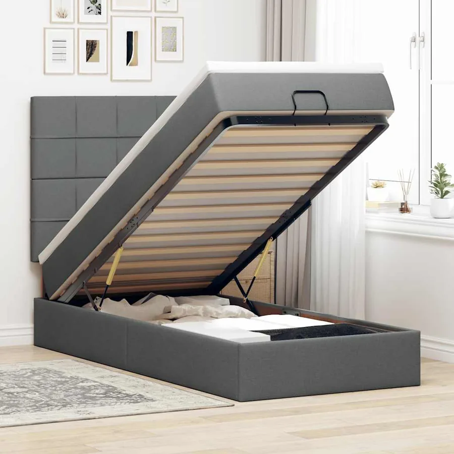 Lit ottoman avec matelas gris foncé 90x200 cm tissu