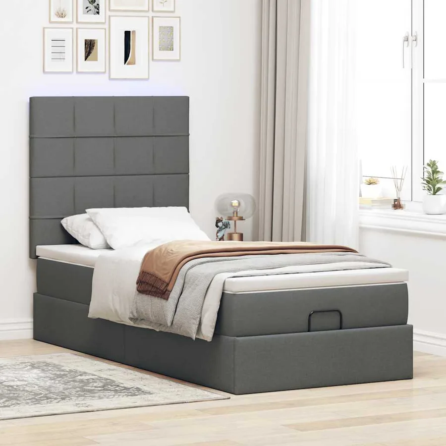 Lit ottoman avec matelas gris foncé 90x200 cm tissu - 3