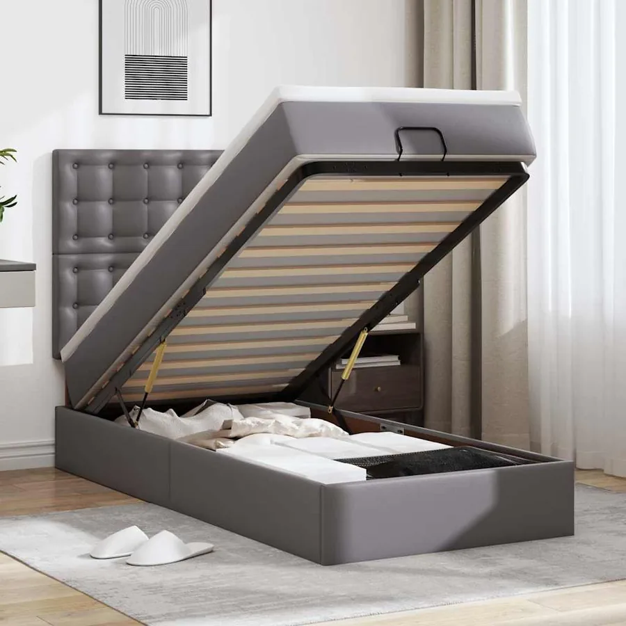 Lit ottoman avec matelas gris 100x200 cm similicuir
