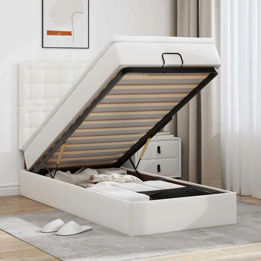 Lit ottoman avec matelas blanc 90x190 cm similicuir