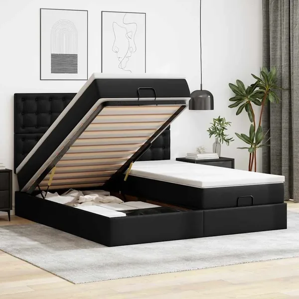 Lit ottoman avec matelas & LED Noir 160x200cm similicuir